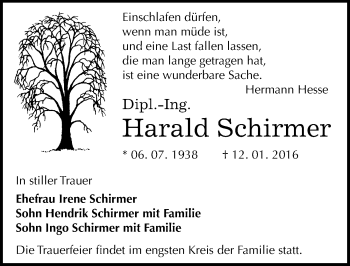 Traueranzeige von Harald Schirmer von Mitteldeutsche Zeitung Dessau-Roßlau