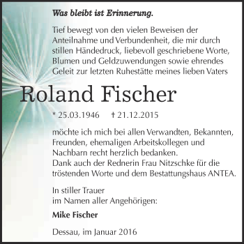 Traueranzeige von Roland Fischer von WVG - Wochenspiegel Dessau / Köthen
