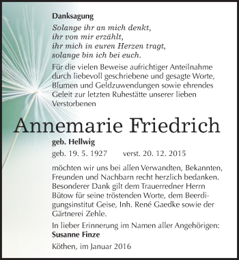 Traueranzeige von Annemarie Friedrich von Mitteldeutsche Zeitung Köthen