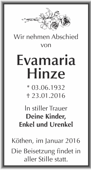 Traueranzeige von Evamaria Hinze von WVG - Wochenspiegel Dessau / Köthen