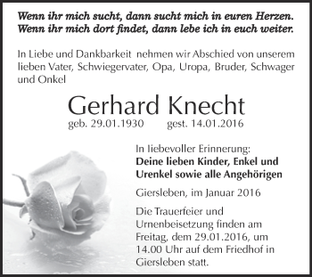 Traueranzeige von Gerhard Knecht von Super Sonntag Aschersleben