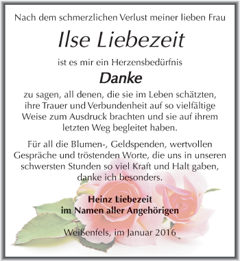 Traueranzeige von Ilse Liebezeit von Mitteldeutsche Zeitung Weißenfels