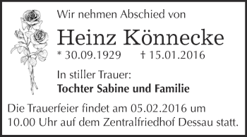 Traueranzeige von Heinz Könnecke von WVG - Wochenspiegel Dessau / Köthen