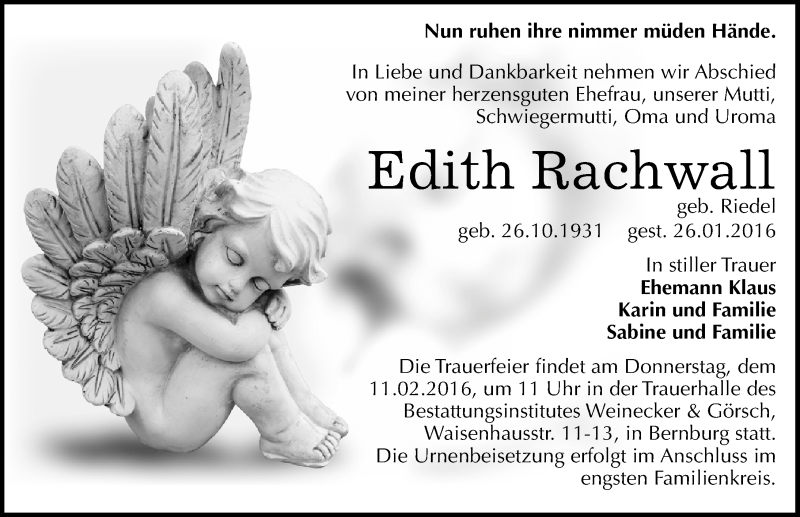  Traueranzeige für Edith Rachwall vom 28.01.2016 aus Mitteldeutsche Zeitung Bernburg