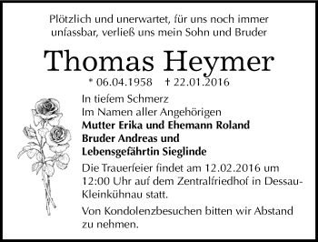 Traueranzeige von Thomas Heymer von Mitteldeutsche Zeitung Dessau-Roßlau