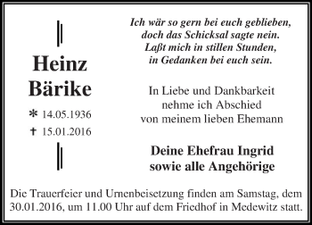 Traueranzeige von Heinz Bärike von WVG - Wochenspiegel Dessau / Köthen
