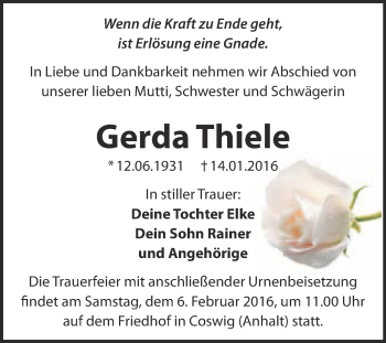 Traueranzeige von Gerda Thiele von Super Sonntag Wittenberg