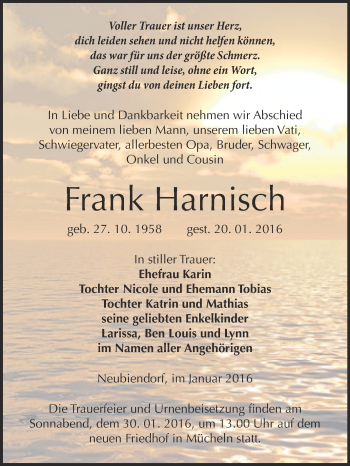 Traueranzeige von Frank Harnisch von WVG - Wochenspiegel Merseburg