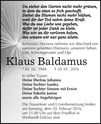 Traueranzeige von Klaus Baldamus von WVG - Wochenspiegel Dessau / Köthen