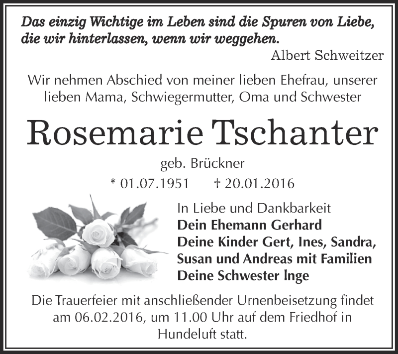  Traueranzeige für Rosemarie Tschanter vom 30.01.2016 aus WVG - Wochenspiegel Dessau / Köthen