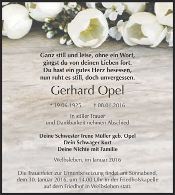 Traueranzeige von Gerhard Opel von WVG - Wochenspiegel Bernburg