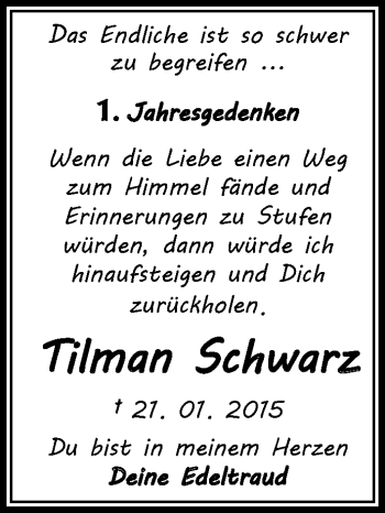 Traueranzeige von Tilman Schwarz von Mitteldeutsche Zeitung Halle/Saalkreis