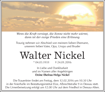 Traueranzeige von Walter Nickel von Mitteldeutsche Zeitung Dessau-Roßlau