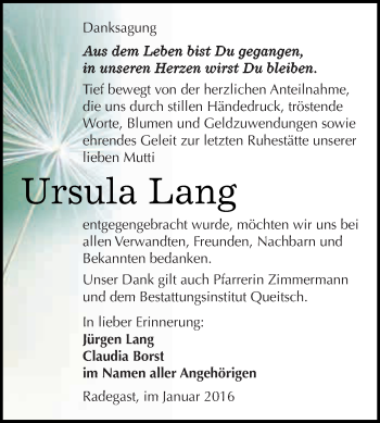 Traueranzeige von Ursula Lang von WVG - Wochenspiegel Dessau / Köthen