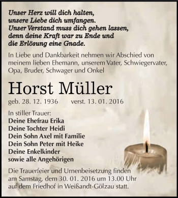Traueranzeige von Horst Müller von WVG - Wochenspiegel Dessau / Köthen