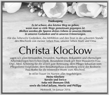 Traueranzeige von Christa Klockow von Mitteldeutsche Zeitung Mansfelder Land