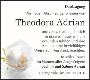 Traueranzeige von Theodora Adrian von WVG - Wochenspiegel Quedlinburg