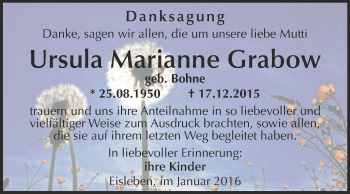Traueranzeige von Ursula Marianne Grabow von Wochenspiegel Mansfelder Land