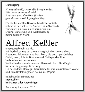 Traueranzeige von Alfred Keßler von Mitteldeutsche Zeitung Mansfelder Land