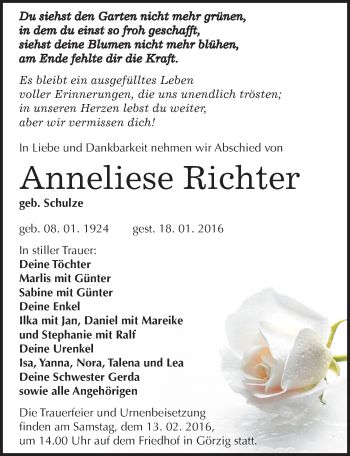 Traueranzeige von Anneliese Richter von Mitteldeutsche Zeitung Köthen