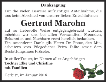 Traueranzeige von Gertrud Marohn von Super Sonntag Bernburg