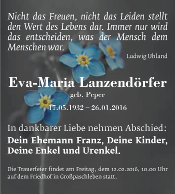 Traueranzeige von Eva-Maria Lanzendörfer von WVG - Wochenspiegel Dessau / Köthen