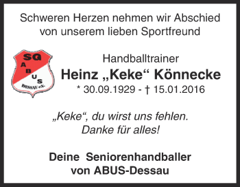 Traueranzeige von Heinz Könnecke von WVG - Wochenspiegel Dessau / Köthen