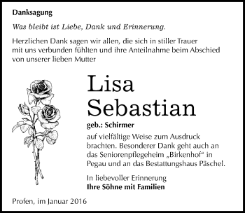 Traueranzeige von Lisa Sebastian von Mitteldeutsche Zeitung Zeitz