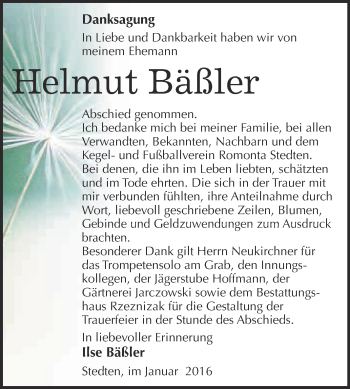 Traueranzeige von Helmut Bäßler von Wochenspiegel Mansfelder Land