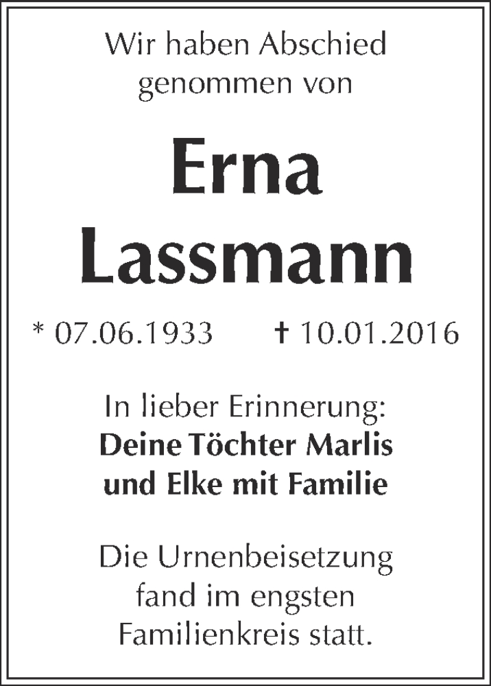  Traueranzeige für Erna Lassmann vom 30.01.2016 aus WVG - Wochenspiegel Wittenberg