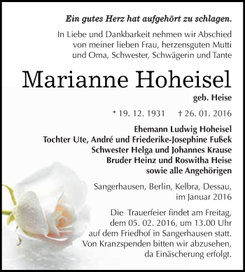 Traueranzeige von Marianne Hoheisel von Super Sonntag SGH Mansf. Land