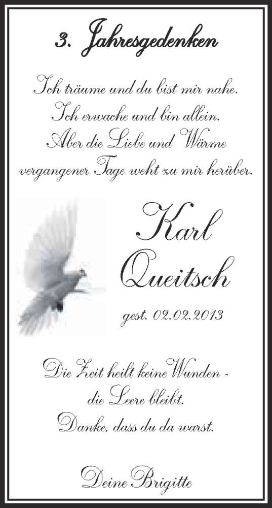  Traueranzeige für Karl Queitsch vom 30.01.2016 aus WVG - Wochenspiegel Dessau / Köthen