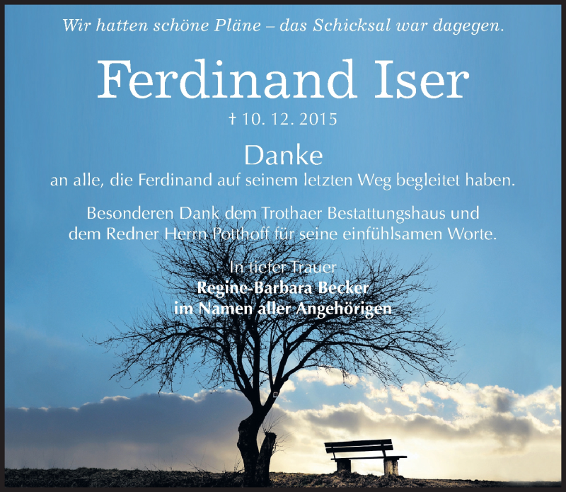  Traueranzeige für Ferdinand Iser vom 23.01.2016 aus Mitteldeutsche Zeitung