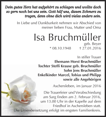 Traueranzeige von lsa Bruchmüller von Super Sonntag Aschersleben