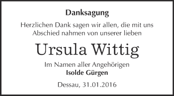 Traueranzeige von Ursula Wittig von WVG - Wochenspiegel Dessau / Köthen