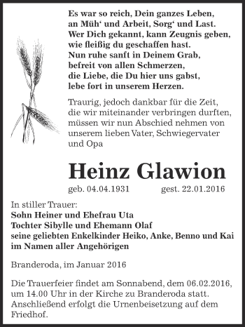 Traueranzeige von Heinz Glawion von WVG - Wochenspiegel NMB / WSF / ZTZ