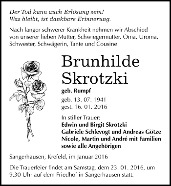 Traueranzeige von Brunhilde Skrotzki von Mitteldeutsche Zeitung Sangerhausen