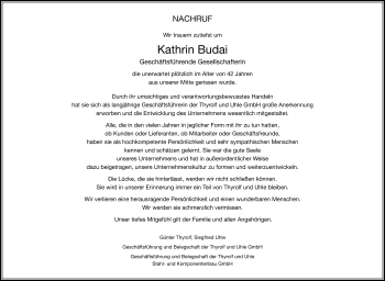Traueranzeige von Kathrin Budai von Mitteldeutsche Zeitung Dessau-Roßlau