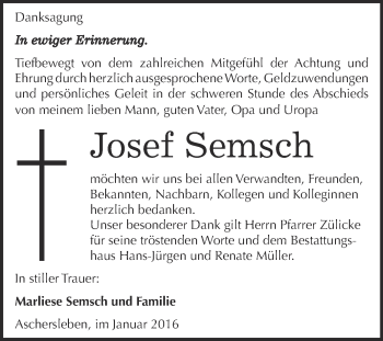 Traueranzeige von Josef Semsch von Super Sonntag Aschersleben