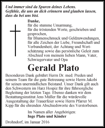 Traueranzeige von Gerald Plato von Super Sonntag Aschersleben