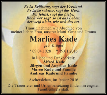 Traueranzeige von Marlies Kade von Super Sonntag Aschersleben