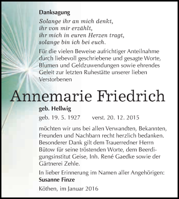 Traueranzeige von Annemarie Friedrich von WVG - Wochenspiegel Dessau / Köthen