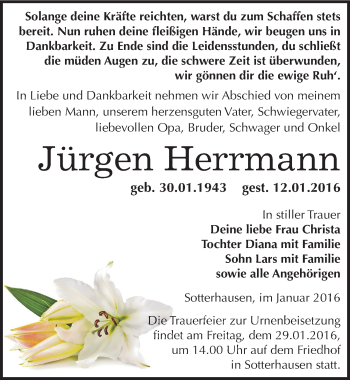 Traueranzeige von Jürgen Herrmann von Mitteldeutsche Zeitung Sangerhausen
