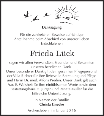 Traueranzeige von Frieda Lück von Super Sonntag Aschersleben