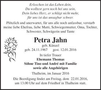 Traueranzeige von Petra Jahn von WVG - Wochenspiegel Bitterfeld