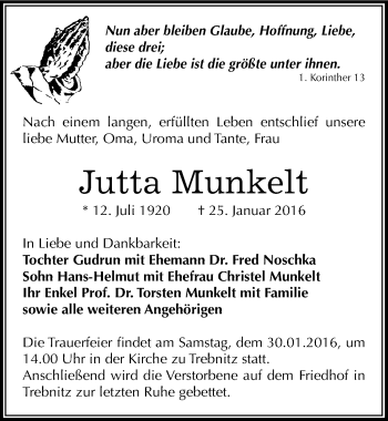 Traueranzeige von Jutta Munkelt von Mitteldeutsche Zeitung Weißenfels