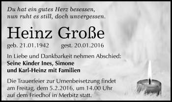 Traueranzeige von Heinz Große von Mitteldeutsche Zeitung Halle/Saalkreis