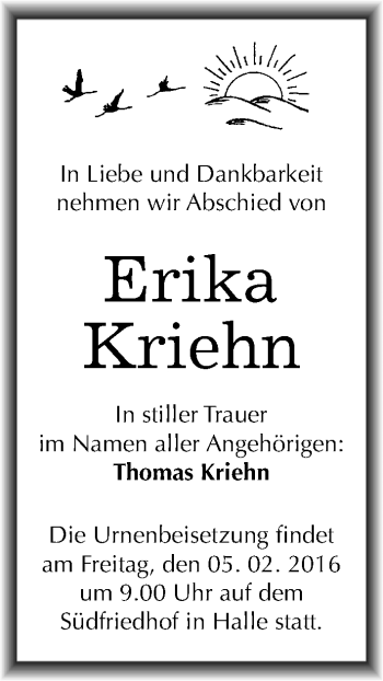 Traueranzeige von Erika Kriehn von Mitteldeutsche Zeitung Halle/Saalkreis