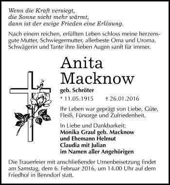 Traueranzeige von Anita Macknow von Mitteldeutsche Zeitung Naumburg/Nebra