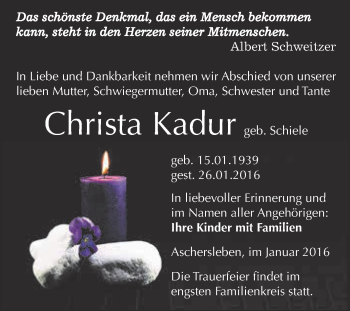 Traueranzeige von Christa Kadur von Super Sonntag Aschersleben